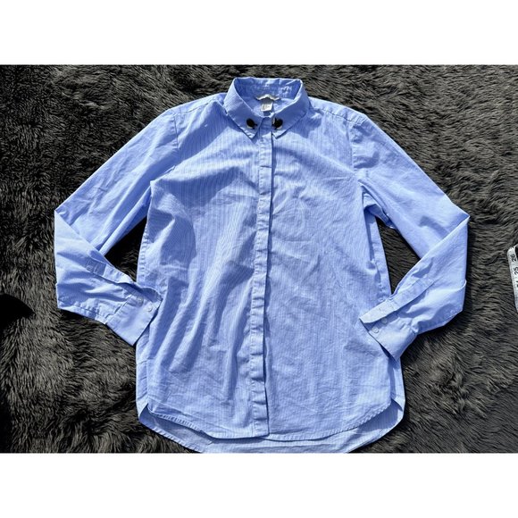 HM Shirt 6 Blue Striped Button Up Collared Beaded Long Sleeve Adult Womens - Picture 4 of 11